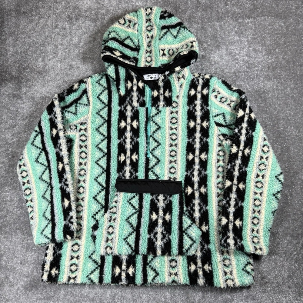 Crazy Trian Hoodie Fleece Women's Large Green Aztec Pullover Deep Pile
